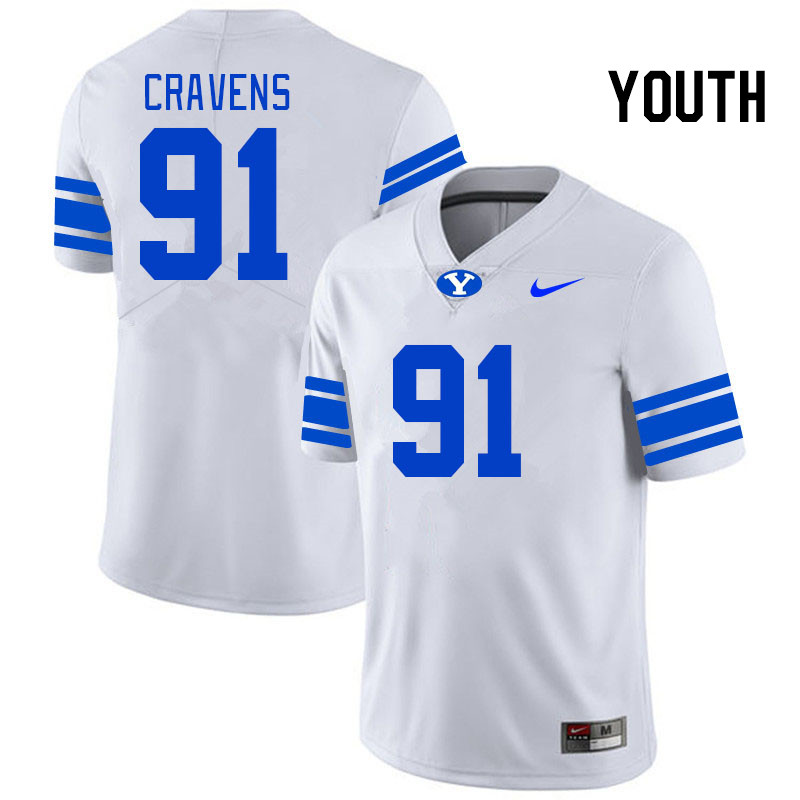 Youth #91 Jackson Cravens BYU Cougars College Football Jerseys Stitched-White